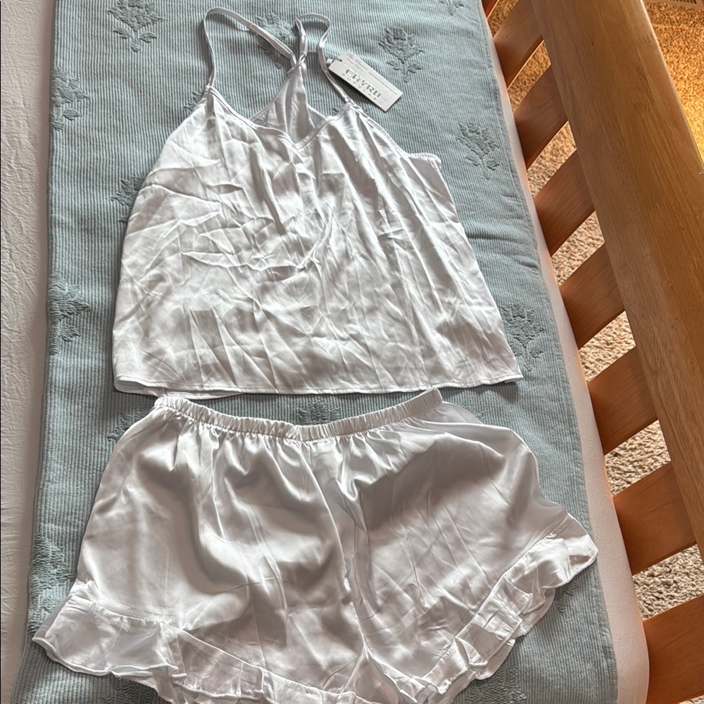 White Ruffled Cotton Pajamas with Lace Trim